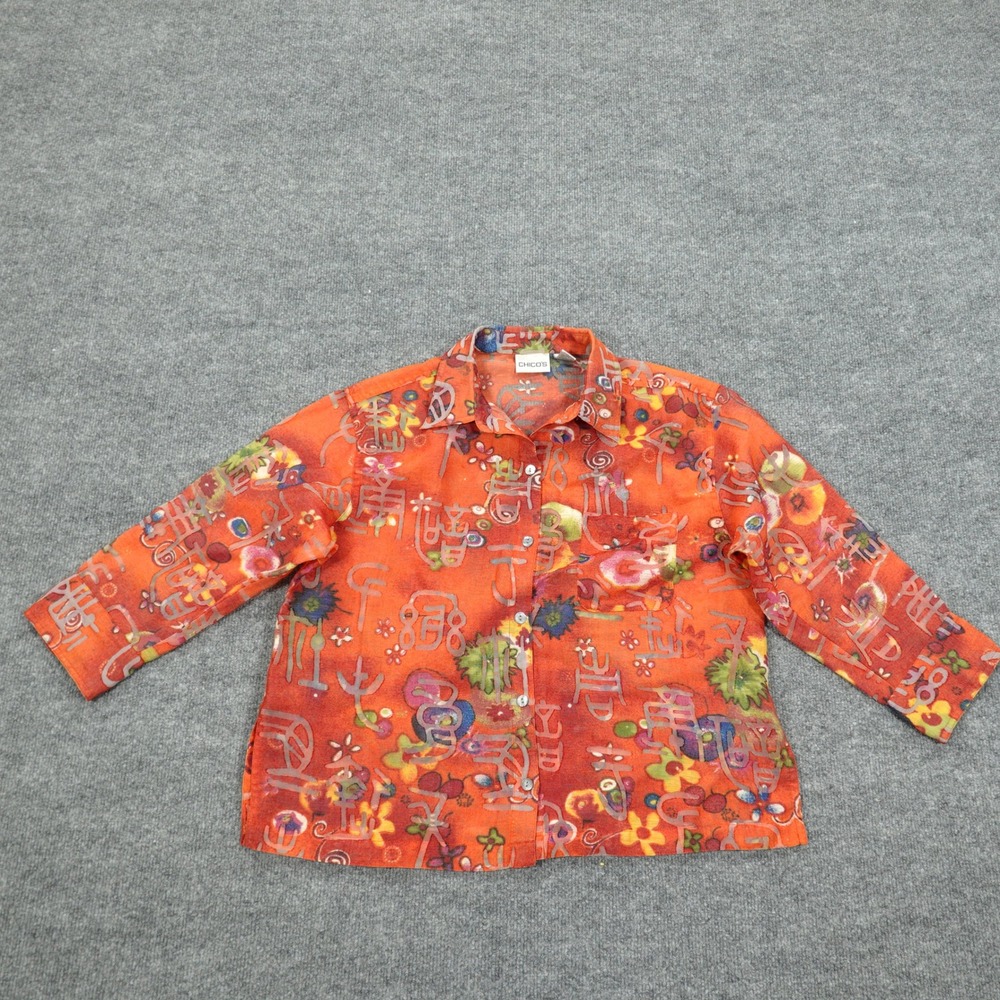 Chico's Shirt Womens 1 Orange Linen Blend Burnout Sheer Gauze Artistic Button Up